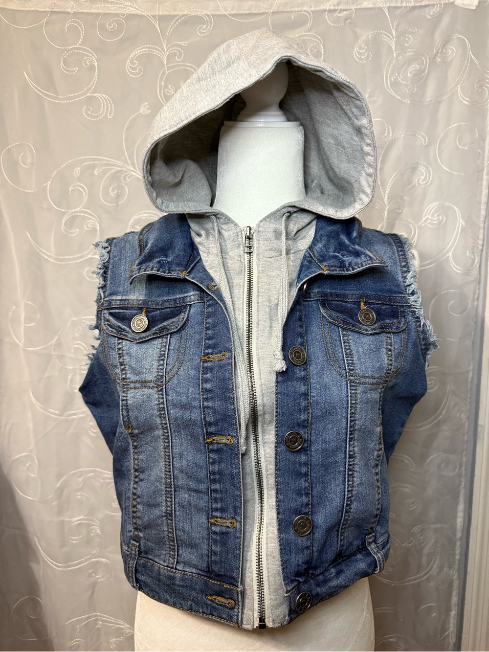 JW signature Women’s Blue Denim Vest with Gray Hooded Insert